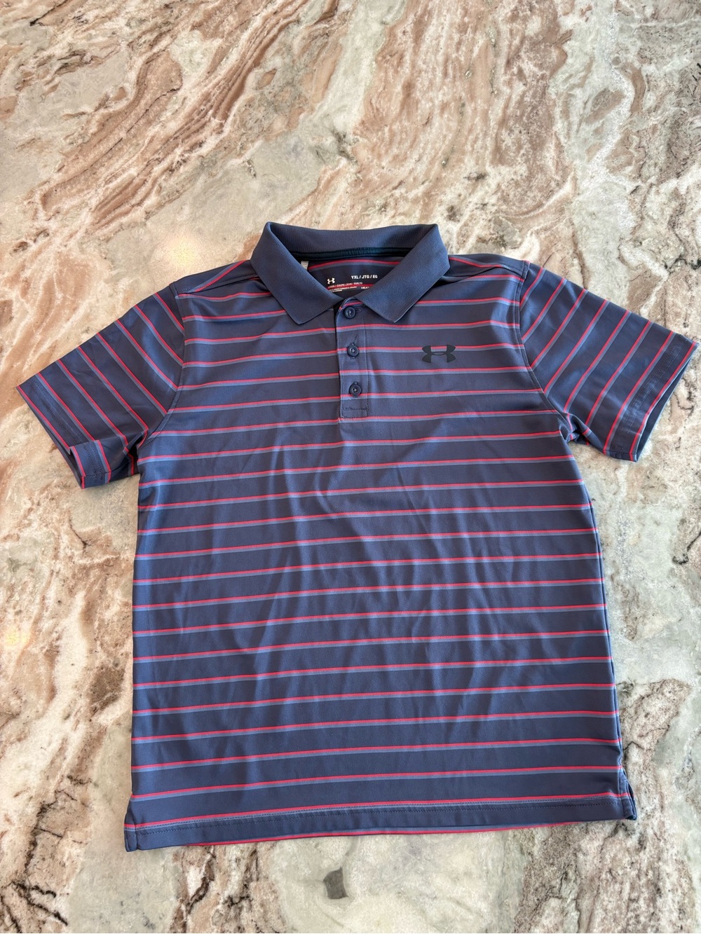 Under Armour Loose Fit Polo Navy Heat Gear Short Sleeve Stripe Youth XL yxl